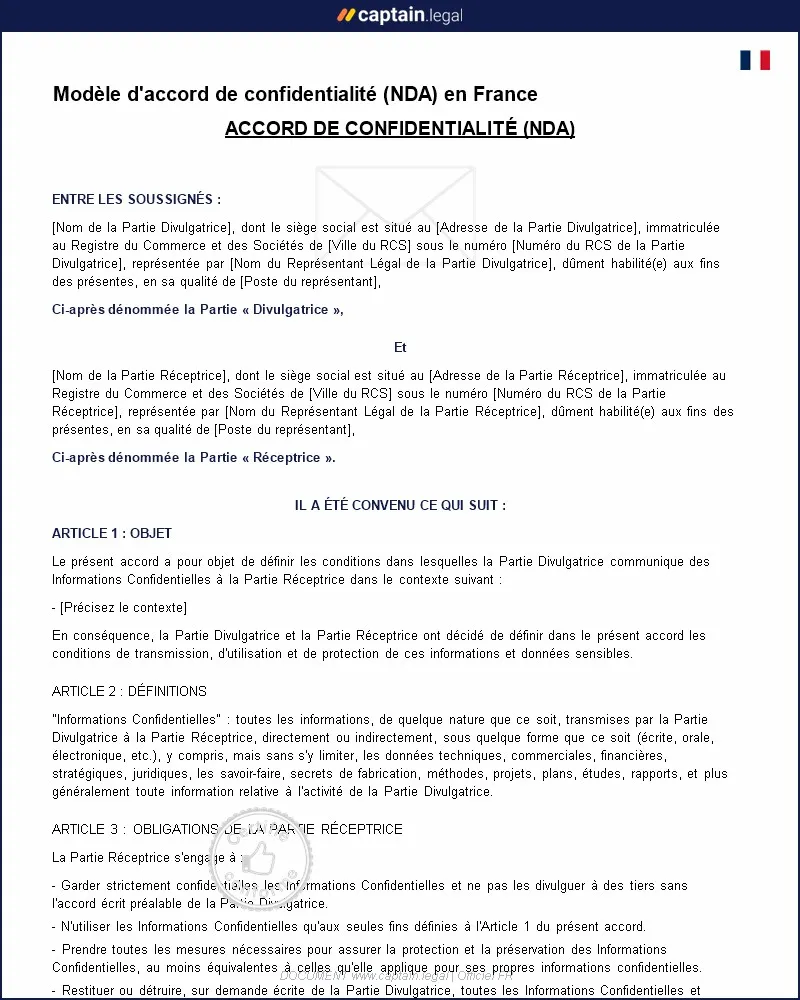 Personnalisez : Modèle d'Accord de Confidentialité (NDA) en France