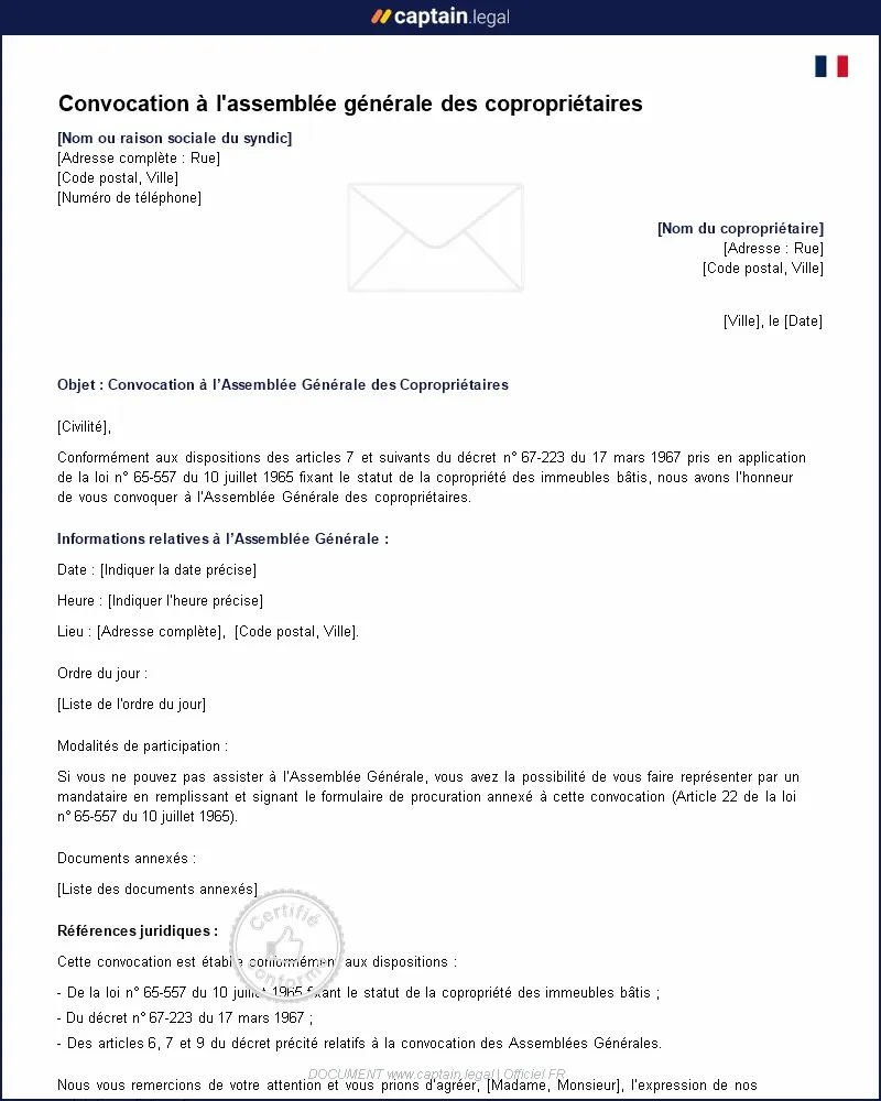 Personnalisez : Convocation à l'AG des copropriétaires - Pdf et Word